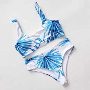 White Tropical Palm Leaf High Waist Bikini