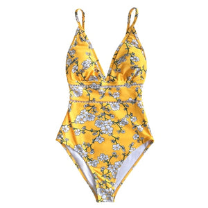 Sexy Yellow Pear Blossom Floral Print Swimsuit